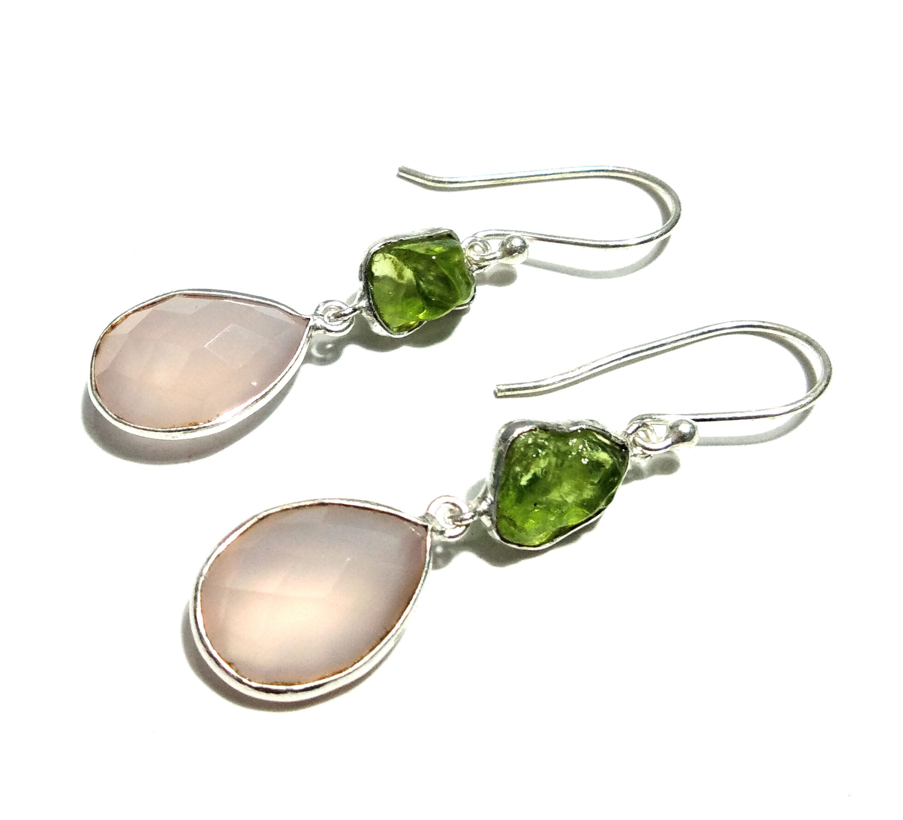 Very Beautiful Earring, 925 Sterling Silver Rose Chalcedony Peridot Raw Earring, Handmade Making Jewelry Earring, Gift For Girls & Women